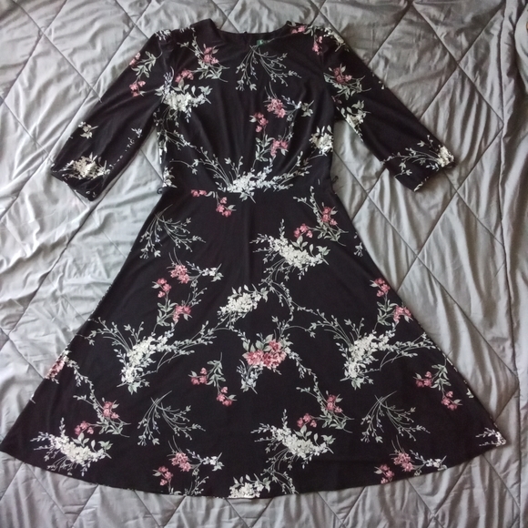 Ralph Lauren Black Floral 3/4 Length Sleeves Midi Sheath Dress Flower Pattern - Picture 10 of 16